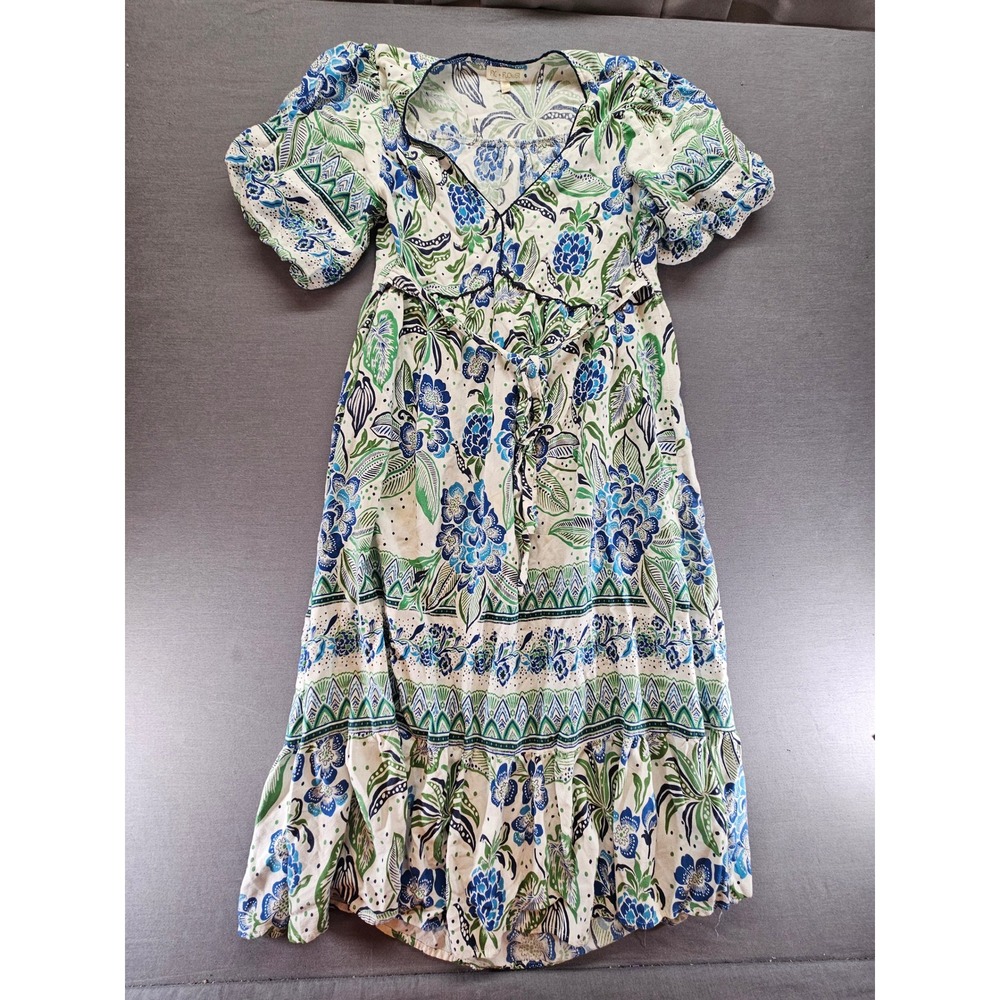 Fig & Flower Blue Green Tropical Floral V-Neck Puff Sleeve Midi Dress Medium